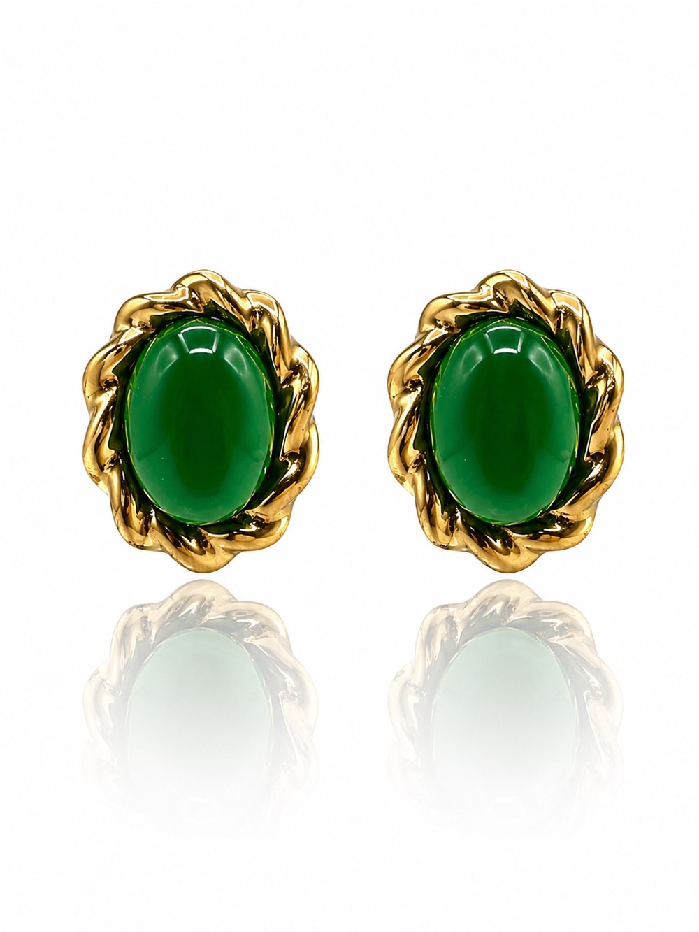 Gold PVD Green Oval Cabochon Twist Earrings - Picture 1 of 3